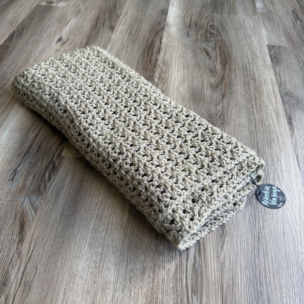 Handmade Tan Crochet Lap Blanket Oatmeal Neutral Textured Knit Wrap Shawl 21x36